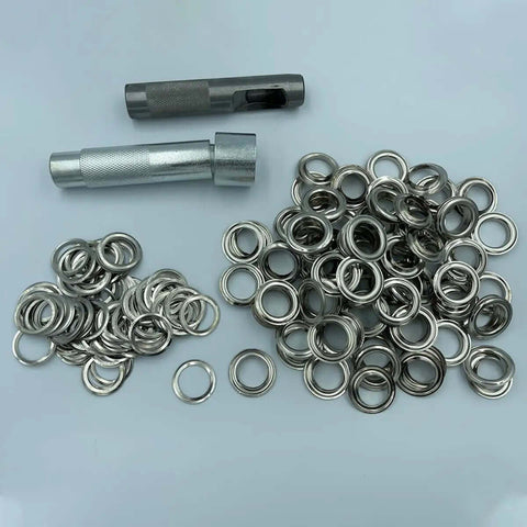 Pro Grade 17mm Eyelet Setter Tool And Die Punch Kit With 100 Silver Grommets for DIY leathercraft and clothing accessories project.