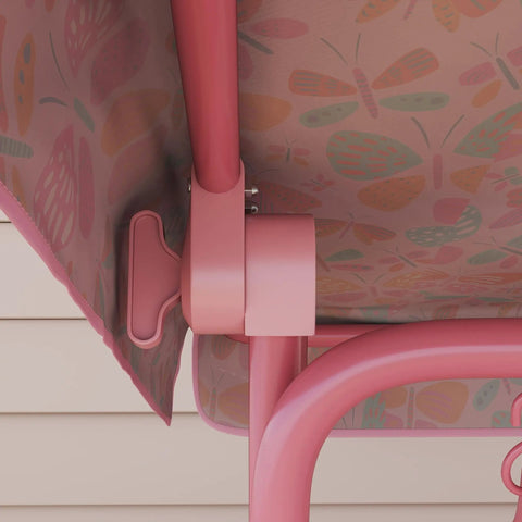 Close-up of Kids 2 Seater Patio Porch Swing With Adjustable Canopy And Safety Belt Pink Butterfly Pattern Hanging Swing Bench for Garden And Backyard Sturdy Steel Frame With Non Slip Feet.