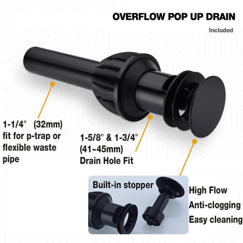 Overflow pop-up drain with stopper for Matte Black Two Handle 8 Inch Widespread Bathroom Faucet For Vanity Sink With 360 Degree Swivel Spout 3 Hole Installation Includes Overflow Drain And CUPC Supply Lines Solid Brass