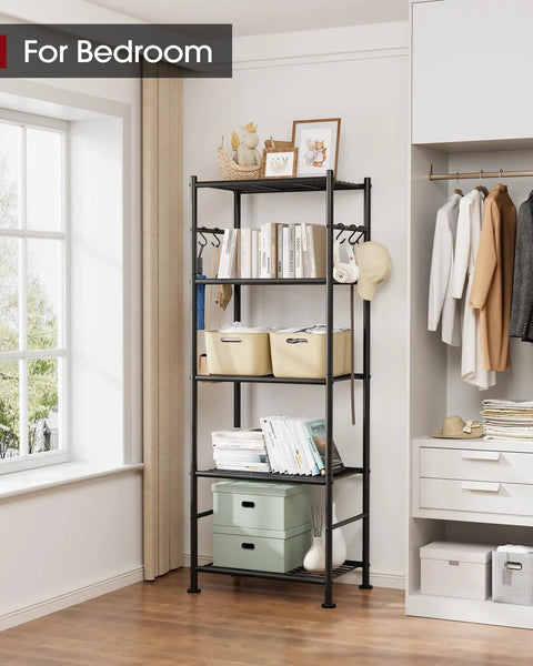 Heavy Duty 5 Tier Storage Shelves With Hooks For Garage And Home Large Capacity Metal Rack With Leveling Feet Wobble Free Organizer