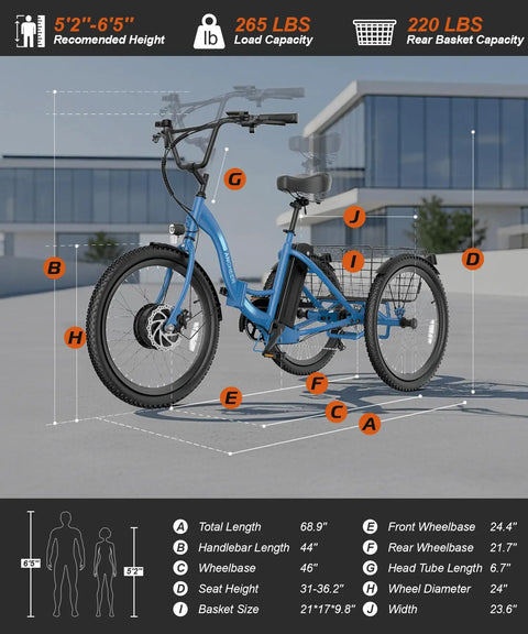 Folding Electric Tricycle For Adults With 600W Peak Power, 24 Inch Wheels, 499Wh Battery, 3 Wheel Mobility Bike For Seniors, LCD Display, Removable Battery, Rear Differential, Basket, Up To 15.5 MPH, blue frame