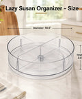 Four Pack 10.5 Inch Lazy Susan Organizers Smooth Operator Turntable Trays With Heavy Duty Non Slip Base showing size dimensions on kitchen counter.
