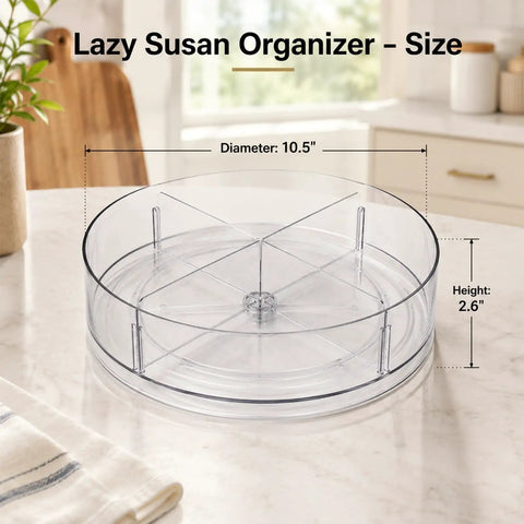 Four Pack 10.5 Inch Lazy Susan Organizers Smooth Operator Turntable Trays With Heavy Duty Non Slip Base showing size dimensions on kitchen counter.