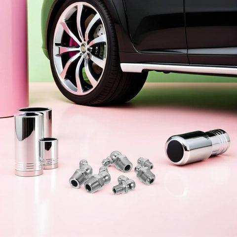 Top Notch 30-Piece Stainless Steel Grease Fitting Kit With 1/4" And 1/8" Threads Perfect For Cars And Heavy Machinery Zerk Nipples That Stay Rust Free And Keep Your Equipment Running Smooth Without Any Hiccups Today. Stainless steel zerk fittings and caps shown with car wheel