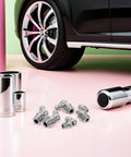 Solid 30 Pcs Stainless Steel Grease Fittings Kit For Hydraulic Grease Guns And Tractors With Angled Straight Zerk Nipples In 1/4 Inch And 1/8 Inch Sizes To Slam On Machinery And Cars For Routine Maintenance. Stainless steel grease fittings and wheel near car
