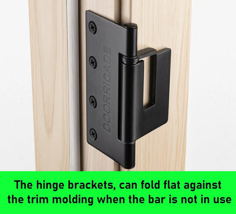 Beefy Security Door Bar For Inward Opening Doors Up To 32 Inches Black Finish, Marine Grade Aluminum Bar With Stainless Steel Brackets, Stud Mounted On Both Sides For Up To 2000 Lbs Battering Ram Resistance; hinge bracket folds flat on trim
