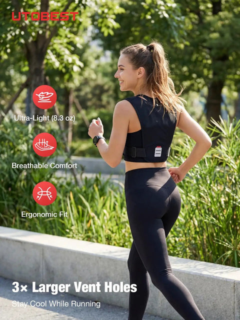 Woman jogging wearing No Bounce Hydration Vest Pack For Men And Women With 500ml Soft Flask, breathable and ergonomic fit, outdoor.