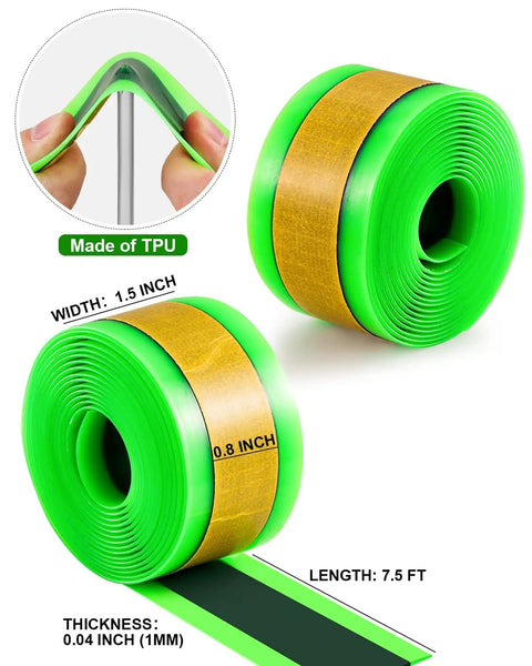 Bike Tire Liners Self Adhesive Inner Tube Protector For Mountain Bikes Puncture Free Shield Compatible With 20 24 26 28 29 Inch Tires Easy To Install Today, shows green TPU tire liners with dimensions labeled.