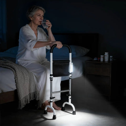 Stand Assist Rail for Elderly and Seniors, Quad Cane Mobility Aid With Four Point Support, beside bed with woman drinking water