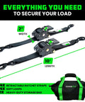 Heavy Duty Retractable Ratchet Straps 4 Pack 2 Inch By 10 Feet Features 3033 Pound Capacity with bag and soft loops.