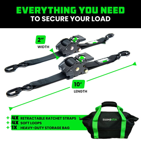 Heavy Duty Retractable Ratchet Straps 4 Pack 2 Inch By 10 Feet Features 3033 Pound Capacity with bag and soft loops.