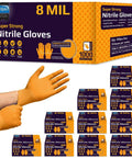Front view of Inspire ULTRA orange nitrile gloves box; 8 mil, diamond texture, case of 1000 gloves