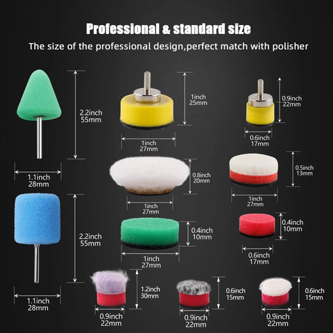 Size chart of Mini Buffing Polishing Pads Set with 32 pieces for rotary tools and cordless drills, showing various shapes and dimensions.