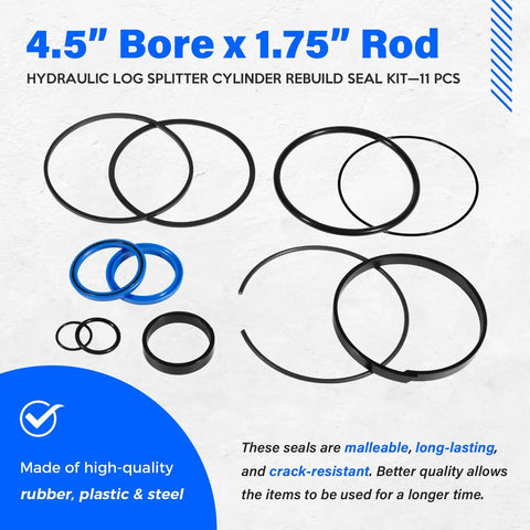 Pro Grade Hydraulic Log Splitter Cylinder Rebuild Seal Kit for 4.5 Inch Bore and 1.75 Inch Rod, All O Rings and Seals Included Pack of 11