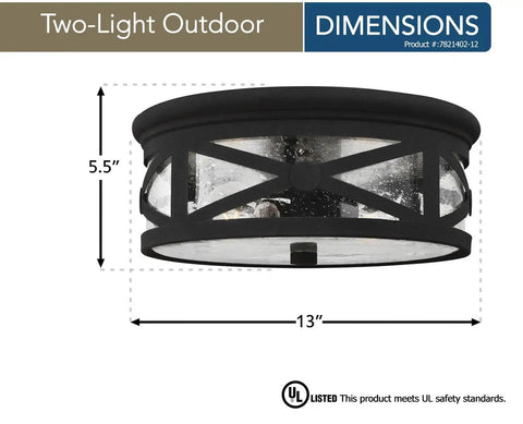 Lakeview Two Light Outdoor Ceiling Flush Mount Black Finish dimensions diagram, 13-inch diameter, modern transitional style.