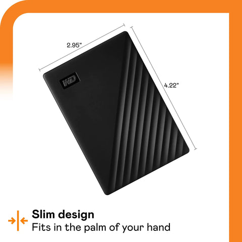 Black 5TB Portable External Hard Drive With Ransomware Defense And Password Protection, USB 3.1 and USB 3.0 shown in slim design