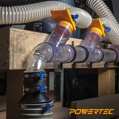 Two And A Half Inch Dust Control Flex Cuff With Adjustable Key Hose Clamps Rubber Cuff Connector installed on woodworking system