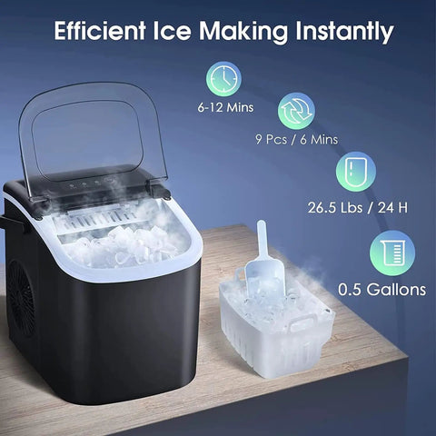 Portable Countertop Ice Maker Serving Solid Cubes In Six Minutes Flat Includes Built In Handle And Scoop, showing ice cubes and scoop.