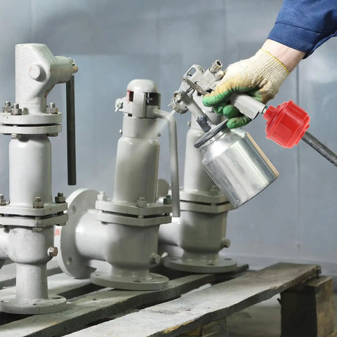 Worker using spray gun with 10 Pack Disposable Mini Air Water Trap Filters With 1/4 Inch Threads For Spray Guns, Paint Sprayers