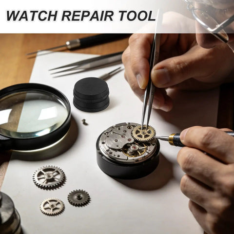 Gearhead Watchmakers Oil Dish Ceramic Reservoir For Precise Lubrication next to watch repair tools on a table