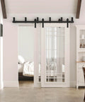 Installed 8 Ft Double Track Bypass Sliding Barn Door Hardware Kit For Two Doors with black powder coat finish