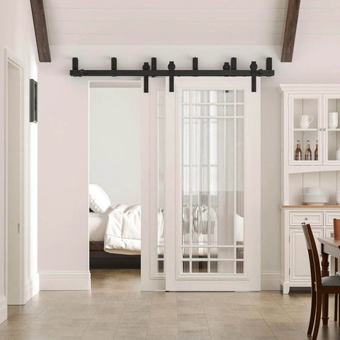 Installed 8 Ft Double Track Bypass Sliding Barn Door Hardware Kit For Two Doors with black powder coat finish