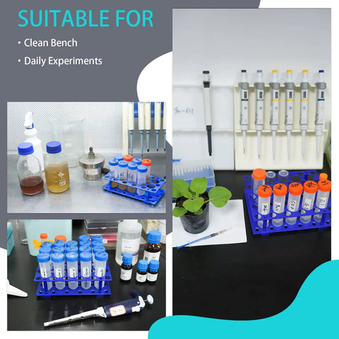 Two Pack Blue Test Tube Rack Set With 56 Wells Detachable Plastic Stand For 10mL 15mL And 50mL Centrifuge Tubes on lab bench