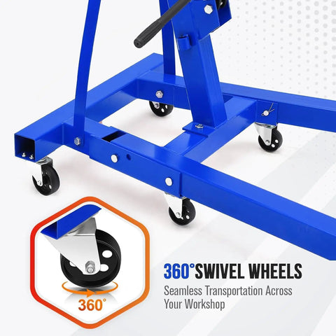 Grease Monkey Approved Folding Engine Hoist With Adjustable Telescopic Boom And Rock Solid Heavy Duty Steel Build For Quick Motor Removal and Serious Shop Grind showing 360° swivel wheels for easy movement.