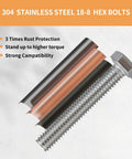 304 Stainless Steel Rock Solid 3/8-16 Hex Head Bolts With Lock Nuts And Flat Washers showing rust protection and torque strength.