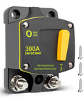 Beefy 300A DC Circuit Breaker Switch Manual Reset For 12-24V Systems, 5/16 Inch to M8 Stud terminals, front view with screws