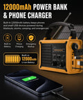Beefed Up Emergency Weather Radio With Hand Crank Solar Power And 12000mAh Battery, charging phone via USB, orange casing.