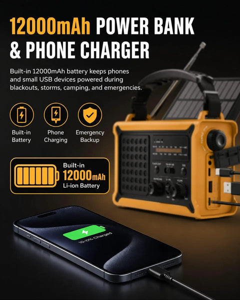 Beefed Up Emergency Weather Radio With Hand Crank Solar Power And 12000mAh Battery, charging phone via USB, orange casing.
