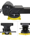 Heavy Duty 6 Inch Swivel Base Bench Vise One Hand Quick Release Tool Clamp with polished jaw and yellow base, side view.