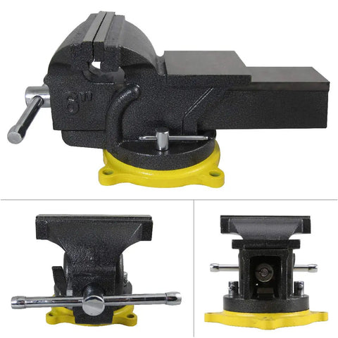 Heavy Duty 6 Inch Swivel Base Bench Vise One Hand Quick Release Tool Clamp with polished jaw and yellow base, side view.