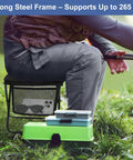 Person sitting on ultralight folding camp stool with side pocket and carry bag, showing steel frame support, outdoors setting