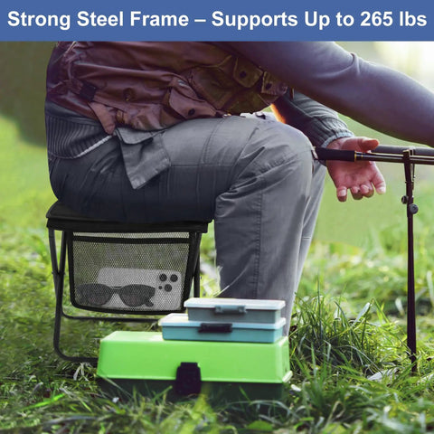 Person sitting on ultralight folding camp stool with side pocket and carry bag, showing steel frame support, outdoors setting