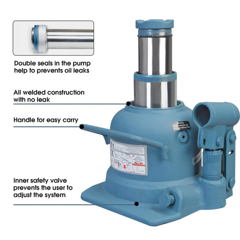 Beefy 10 Ton Double Ram Ultra Low Profile Hydraulic Bottle Jack For Auto Repair And Home Lifts, Retracted 4.9 In To 8.5 In, Welded Steel Blue Car Jack with annotations.
