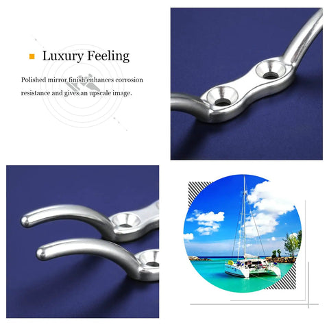 Beefy SUS316 Stainless Steel Marine Rope Cleats Set Two And A Half Inch Deck Cleats Four Pack For Boats And Kayaks Heavy Duty Mooring Hardware Corrosion Resistant And Saltwater Ready Easy Install And Secure Tie Off On Docks with polished finish and yacht scene.