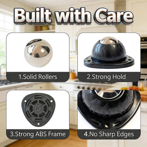 Black Stainless Steel Self Adhesive Caster Wheels 4 Pack Large Profile Swivel Ball Casters with 60 lbs load capacity per wheel