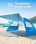 Beach Tent Sun Shelter With Canopy That Pops Up In Minutes, UPF 50 UV Protection, lightweight blue tent on sandy beach