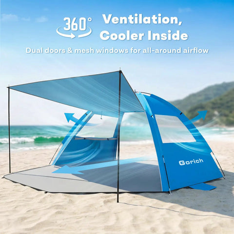 Beach Tent Sun Shelter With Canopy That Pops Up In Minutes, UPF 50 UV Protection, lightweight blue tent on sandy beach