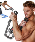 Man using Flybird Twister Arm Trainer With Ab Roller Wheel, focused strain with adjustable resistance for arm workouts.
