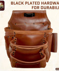 Front view of the Ambassador Series 10 Pocket Framers Tool Pouch Pro Grade Nail And Tool Holder Built For Pros Made From Genuine Top Grain Leather For Framers Electricians Plumbers And Handymen Chestnut Brown, showing black plated hardware.