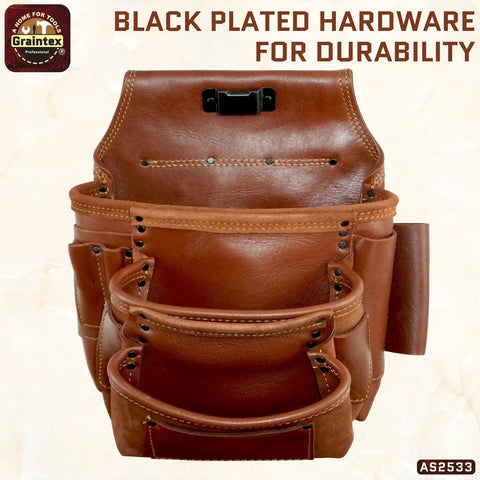Front view of the Ambassador Series 10 Pocket Framers Tool Pouch Pro Grade Nail And Tool Holder Built For Pros Made From Genuine Top Grain Leather For Framers Electricians Plumbers And Handymen Chestnut Brown, showing black plated hardware.