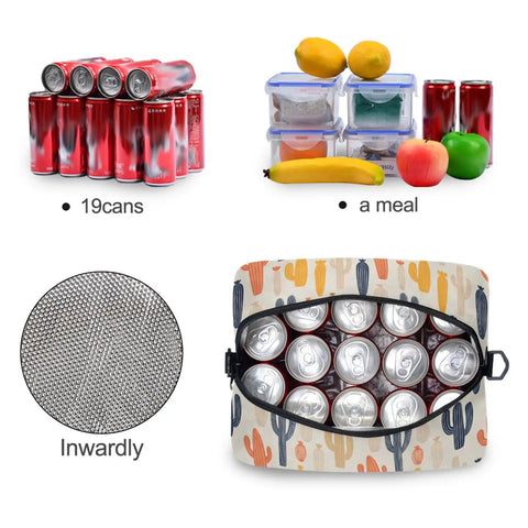 Desert Cacti Insulated Lunch Cooler Bag 10L Leakproof Portable Lunch Box showing contents of 19 cans, meal, and insulated lining