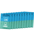 Ultra Clarity pre-moistened lens cleaning wipe sachets in blue and teal, fanned display