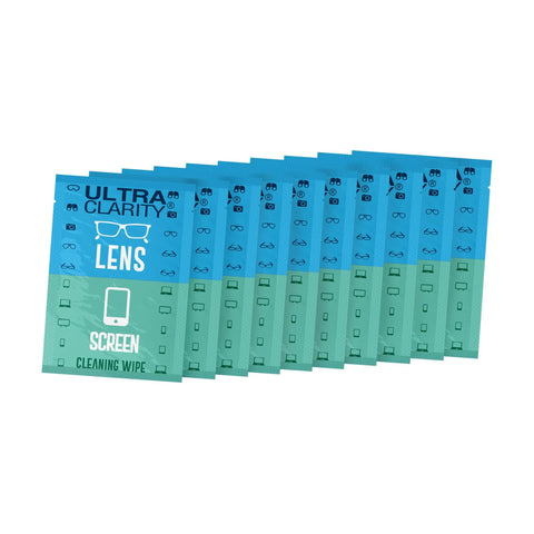 Ultra Clarity pre-moistened lens cleaning wipe sachets in blue and teal, fanned display