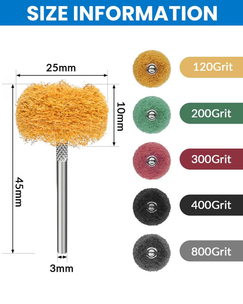 Pro Grade 100 Piece 1 Inch Alumina Buffing Wheel Set for Dremel Rotary Tools with size details and grit options 120 to 800