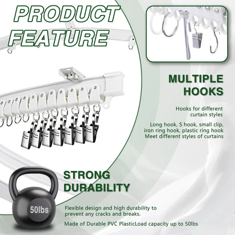 Flexible Curtain Track 10 Ft For RV And Home Use, Bendable Ceiling Curtain Rail System, curved white PVC rail with multiple hooks and clips