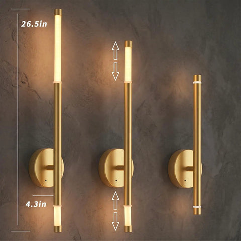 IZOKIN Battery Operated Wall Sconce Set of 2 Peel and Stick with Remote, adjustable height, gold finish, 26.5in tall.